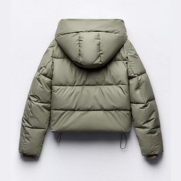ZARA Green Fitted Hooded Puffer Jacket - Picture 2 of 8